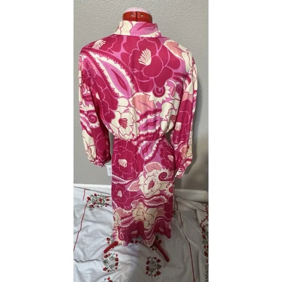 FARM‎ Rio Pink Floral Beaded Sleeve Button Front Midi Dress Womens S - Picture 2 of 9